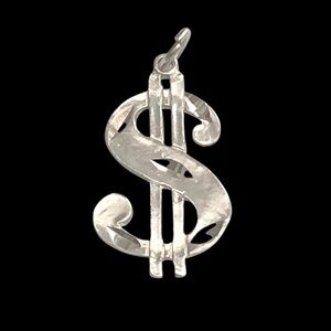 Vintage .925 Sterling Silver Dollar Sign Diamond Cut Necklace Pendant Charm.